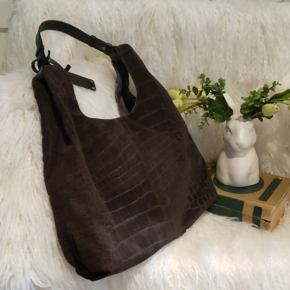 Trask grey suede shoulder bag